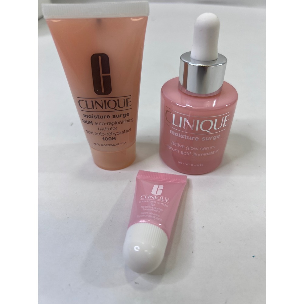 Clinique Moisture Surge 3pc Set 100H Hydrator Active Glow Serum Lip Treatment